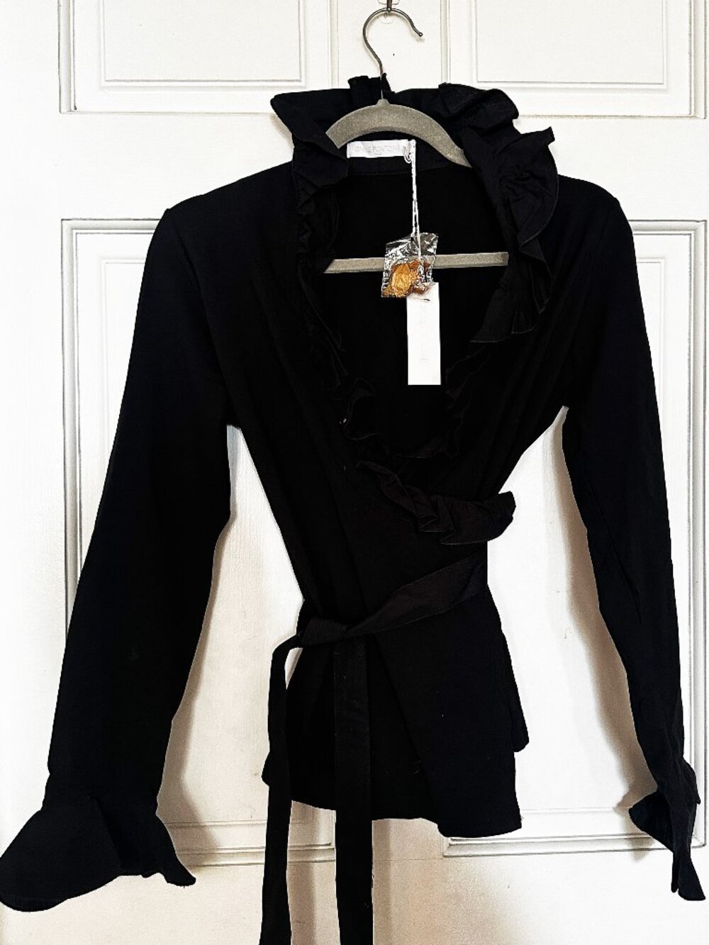 Anne Fontaine Prairie Black Ruffle Tie Waist Blouse NWT Size 40